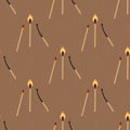 Matches, a burning and burned match. Seamless pattern with matches.