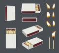 Matches. Flame from wooden stick different points view of containers for matches decent vector realistic templates