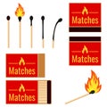 Matches flat design set Vector illustrations burning matchstick on fire, burnt matchstick isolated on white background. Royalty Free Stock Photo