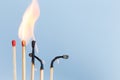 Matches in group burning safety-match with red, orange, yellow fire. Isolated on blue sky background