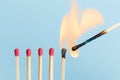 Matches in group burning safety-match with red, orange, yellow fire. Isolated on blue sky background Royalty Free Stock Photo