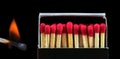 Matches isolated on black. burning match and other matches. fire hazard. Royalty Free Stock Photo