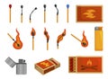 Matches light, matchbox and lighter to create fire Royalty Free Stock Photo