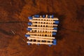 Matches with the match part or blue head, grouped on a wooden table. 3