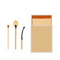 Matches. Matchbox, burning match and burned match. Vector illustration