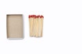 Matches near an empty cardboard matchbox isolated on a white background