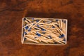 Matches with the part of the match or with the blue head, in their cardboard box, grouped on a wooden table. Royalty Free Stock Photo