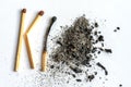 Matches and a pile of ash on a light background. Selective focus Royalty Free Stock Photo