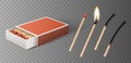 Matches set: burning match with fire, opened matchbox, burnt matchstick isolated on gray Royalty Free Stock Photo