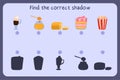 Matching children educational game with food - irish coffee, honey, bread, dessert, pop corn. Find the correct shadow.