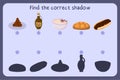Matching children educational game with food - meat ball, vinegar, oat meal, cake, eclair. Find the correct shadow.