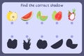 Matching children educational game with food - quince, watermelon, melon honeydew, guava, dragon fruit. Find the correct Royalty Free Stock Photo