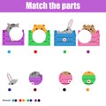Matching children educational game. Kids activity. Match animals parts