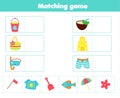 Matching children educational game. Match beach objects with each other. Activity for kids and toddlers summer holidays theme Royalty Free Stock Photo