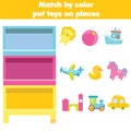 Matching children educational game. Match by color. Activity for kids and toddlers. Put toys on places