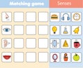 Matching children educational game. Match objects and human senses. Activity for kids and toddlers.