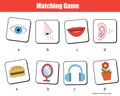 Matching children educational game. Match objects and human senses. Activity for kids and toddlers.