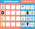 Matching children educational game. Match objects wtih first sound. Activity for kids and toddlers