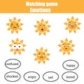 Matching children educational game, match sun and mood. Learning emotions and vocabulary theme