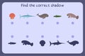 Matching children educational game with sea animals - shall, swordfish, dugon, manatees, catfish.