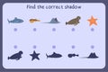 Matching children educational game with sea animals - shark, puffer fish, stringrays, sea elephant, star. Royalty Free Stock Photo