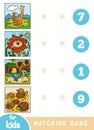 Matching education game for children. Cartoon animals on a colored background