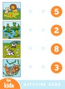 Matching education game for children. Cartoon animals on a colored background - lions, frogs, cows, monkeys