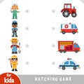 Matching education game for children, set of cartoon characters of professions and special transport