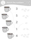 Matching game with cacao cups and marshmallow. Winter math activity for preschool children. Christmas counting worksheet.