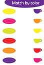 Matching game for children, connect colorful plates with same color caps, preschool worksheet activity for kids, task