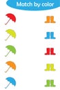 Matching game for children, connect umbrellas and boots by color, preschool worksheet activity for kids, task for the development Royalty Free Stock Photo