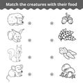 Matching game for children, forest animals and favorite food