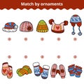 Matching game for children, Match the mitten and hats by ornaments