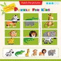 Matching game for children. Puzzle for kids. Match the right parts of the images. Animals of Africa. Zebra, crocodile, giraffe,