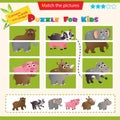 Matching game for children. Puzzle for kids. Match the right parts of the images. Animals. Bear, badger, elephant, pig, rhinoceros