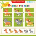 Matching game for children. Puzzle for kids. Match the right parts of the images. Baby animals. Little cat, wolf, lion, tiger, Royalty Free Stock Photo