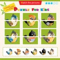 Matching game for children. Puzzle for kids. Match the right parts of the images. Bird. Sparrow, titmouse, chickadee, thrush, Royalty Free Stock Photo