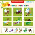 Matching game for children. Puzzle for kids. Match the right parts of the images. Insects. Ant, grasshopper, bee, dragonfly, Royalty Free Stock Photo