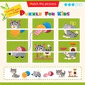 Matching game for children. Puzzle for kids. Match the right parts of the images. Pets. Cat with kitten, clockwork mouse, tangle,