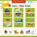 Matching game for children. Puzzle for kids. Match the right parts of the images. Pirate ship, cannon, map, treasure chest, closed