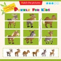 Matching game for children. Puzzle for kids. Match the right parts of the images. Set of animals. Elk, reindeer, camel, horse,