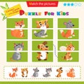 Matching game for children. Puzzle for kids. Match the right parts of the images. Set of animals. Fox, hamster, mouse, squirrel,