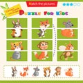 Matching game for children. Puzzle for kids. Match the right parts of the images. Set of animals. Hare, Fox, mouse, hamster,