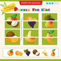 Matching game for children. Puzzle for kids. Match the right parts of the images. Set of fruits. Apple, pear, banana, grape, Royalty Free Stock Photo