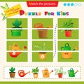 Matching game for children. Puzzle for kids. Match the right parts of the images. Set of indoor flowers or plants and watering Royalty Free Stock Photo