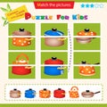 Matching game for children. Puzzle for kids. Match the right parts of the images. Set of kitchen utensils. Pot, kettle, frying pan Royalty Free Stock Photo