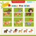 Matching game for children. Puzzle for kids. Match the right parts of the images. Wild animals. Bear, Wolf, Lion, Tiger, Cheetah, Royalty Free Stock Photo