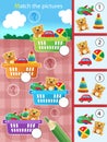 Matching game, education game for children. Puzzle for kids. Match by elements. Baskets with toys. Worksheet for preschoolers