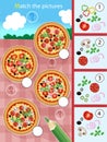 Matching game, education game for children. Puzzle for kids. Match by elements. Pizza. Worksheet for preschoolers