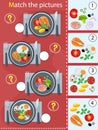 Matching game, education game for children. Puzzle for kids. Match by elements. Portions lunch or dinner. Food and meals. Dishes